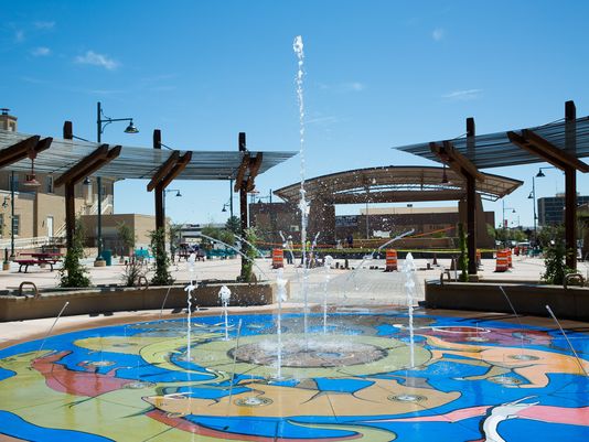 The splash pad at the north end of Plaza de Las Cruces gets a test run on Friday, Sept. 9, 2016. The official plaza opening is scheduled for Saturday, Sept. 17, 2016. (Photo: Anayssa Vasquez/Sun-News)